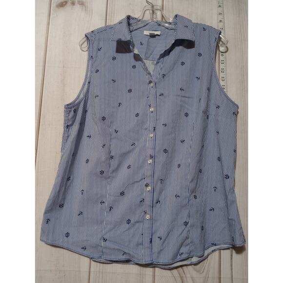 Charter Club Shirt Womens 18 Nautical Anchor Stripe Sleeveless‎ Button Up Top - Picture 1 of 6